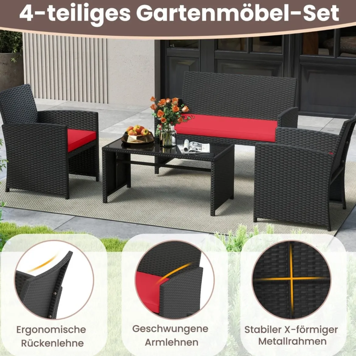 Rattan Gartenmöbel Set mit 2 Stühlen & Bank & Tisch & Kissen Outdoor Lounge Möbel Gartengarnitur Rot