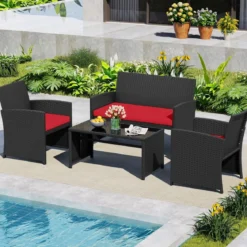 Rattan Gartenmöbel Set mit 2 Stühlen & Bank & Tisch & Kissen Outdoor Lounge Möbel Gartengarnitur Rot
