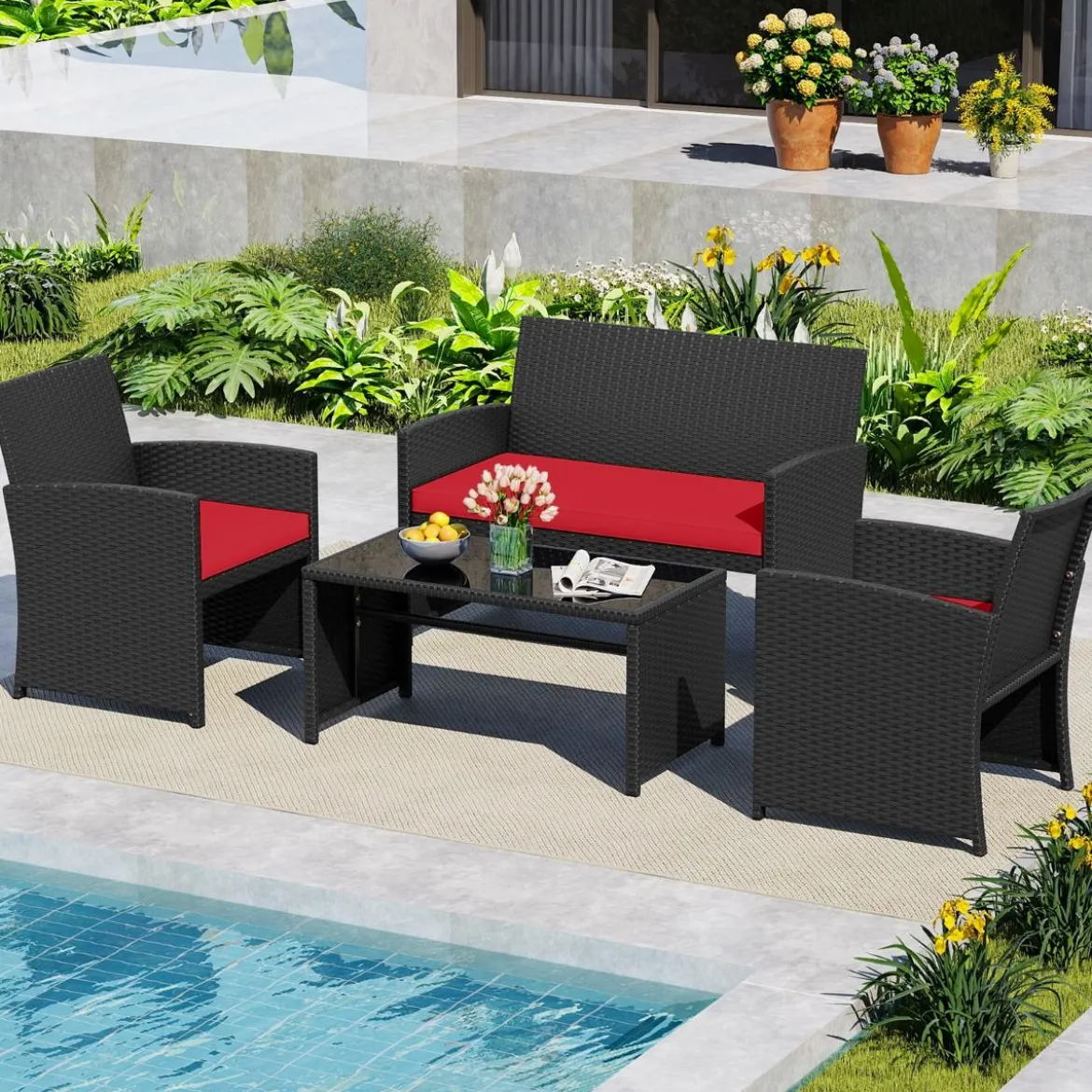 Rattan Gartenmöbel Set mit 2 Stühlen & Bank & Tisch & Kissen Outdoor Lounge Möbel Gartengarnitur Rot