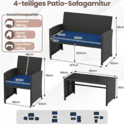 Rattan Gartenmöbel Set mit 2 Stühlen & Bank & Tisch & Kissen Outdoor Lounge Möbel Gartengarnitur Blau