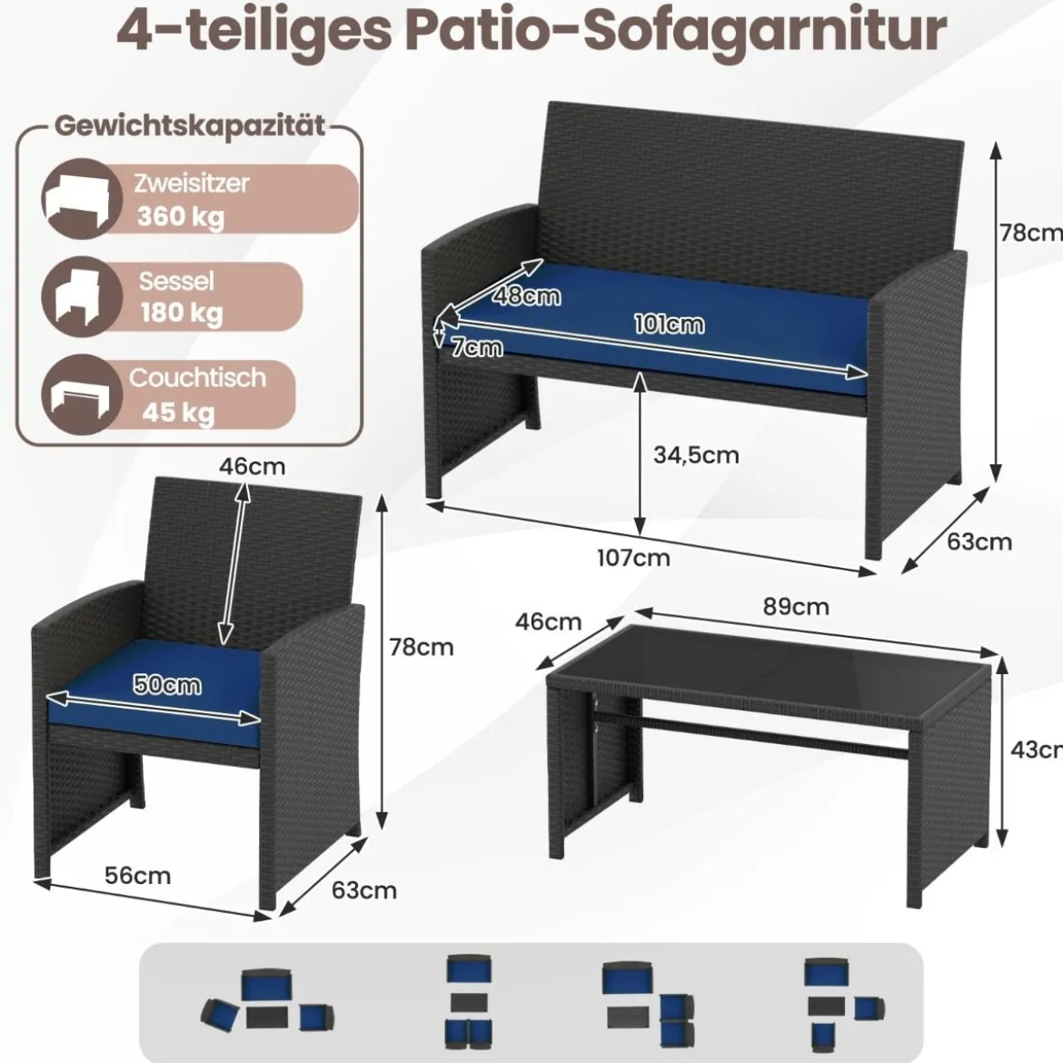 Rattan Gartenmöbel Set mit 2 Stühlen & Bank & Tisch & Kissen Outdoor Lounge Möbel Gartengarnitur Blau