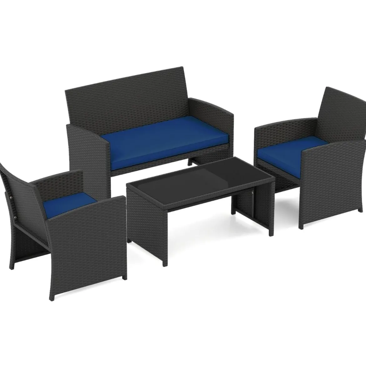 Rattan Gartenmöbel Set mit 2 Stühlen & Bank & Tisch & Kissen Outdoor Lounge Möbel Gartengarnitur Blau