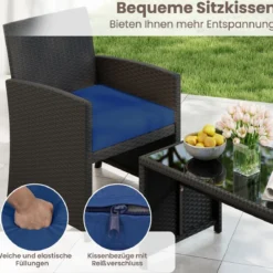Rattan Gartenmöbel Set mit 2 Stühlen & Bank & Tisch & Kissen Outdoor Lounge Möbel Gartengarnitur Blau