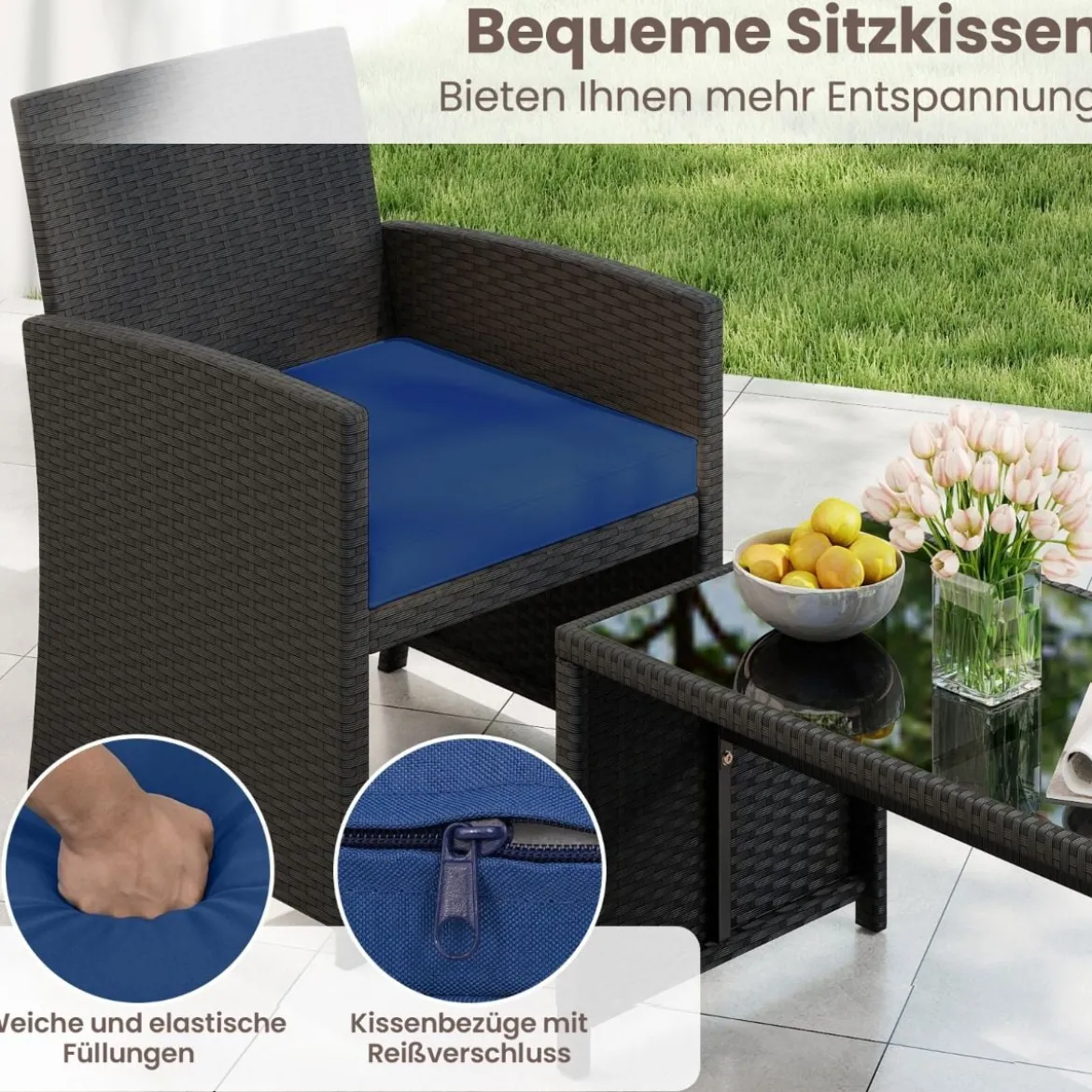 Rattan Gartenmöbel Set mit 2 Stühlen & Bank & Tisch & Kissen Outdoor Lounge Möbel Gartengarnitur Blau