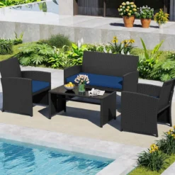 Rattan Gartenmöbel Set mit 2 Stühlen & Bank & Tisch & Kissen Outdoor Lounge Möbel Gartengarnitur Blau