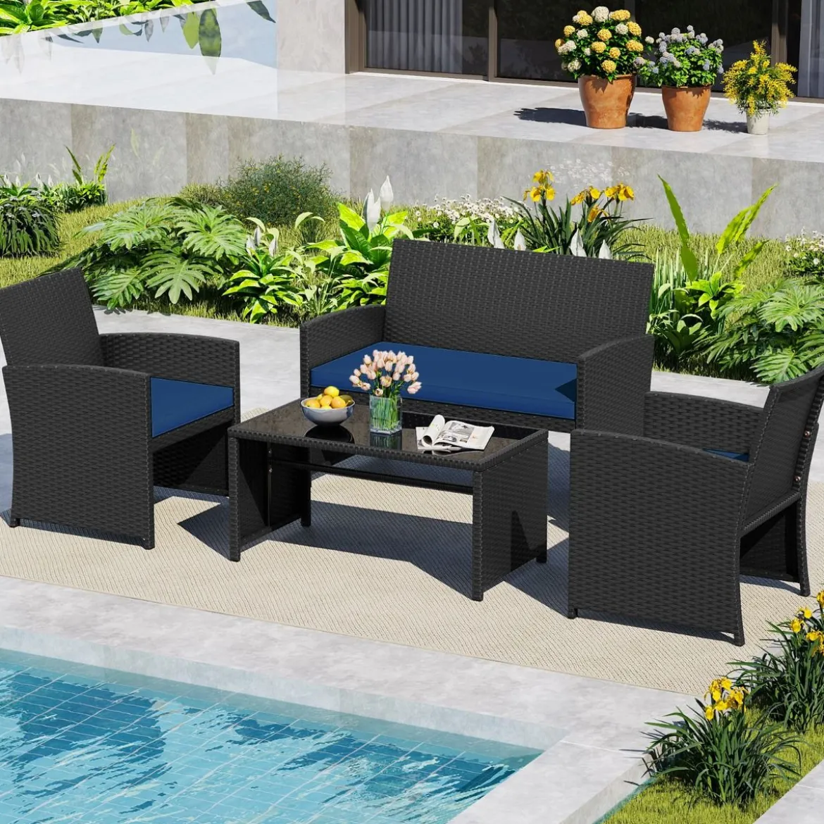 Rattan Gartenmöbel Set mit 2 Stühlen & Bank & Tisch & Kissen Outdoor Lounge Möbel Gartengarnitur Blau