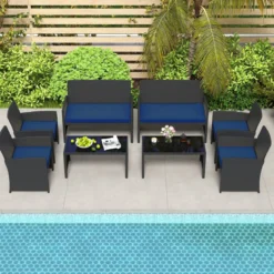 Rattan Gartenmöbel Set mit 2 Stühlen & Bank & Tisch & Kissen Outdoor Lounge Möbel Gartengarnitur Blau