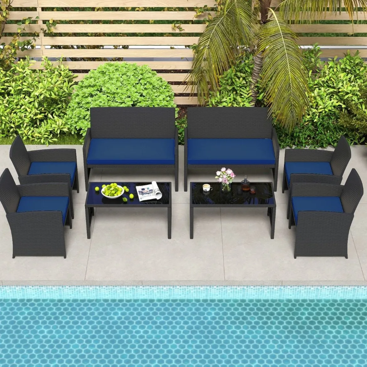 Rattan Gartenmöbel Set mit 2 Stühlen & Bank & Tisch & Kissen Outdoor Lounge Möbel Gartengarnitur Blau