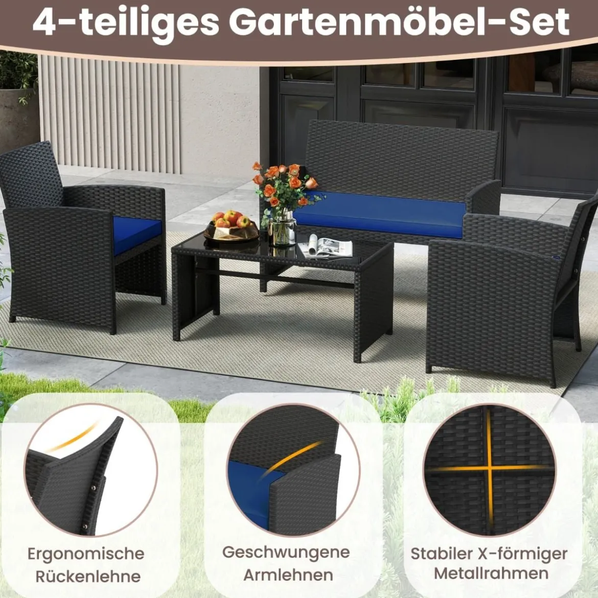 Rattan Gartenmöbel Set mit 2 Stühlen & Bank & Tisch & Kissen Outdoor Lounge Möbel Gartengarnitur Blau