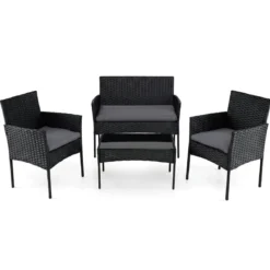 Rattan Gartenmöbel Set mit 2 Stühlen & Bank & Tisch & Kissen Sitzgruppe Gartengarnitur Grau
