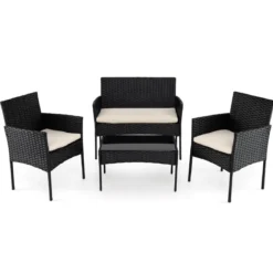 Rattan Gartenmöbel Set mit 2 Stühlen & Bank & Tisch & Kissen Sitzgruppe Gartengarnitur Beige