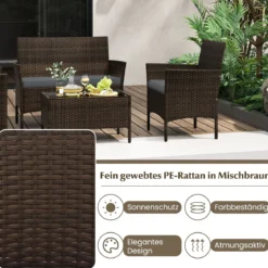 Rattan Gartenmöbel Set Sitzgruppe mit 2 Sessel & Bank & Tisch & Sitzkissen Sitzgarnitur Grau