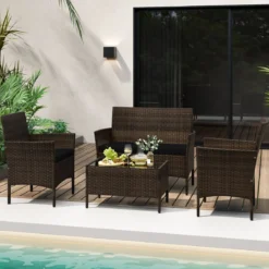 Rattan Gartenmöbel Set Sitzgruppe mit 2 Sessel & Bank & Tisch & Sitzkissen Sitzgarnitur Schwarz