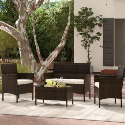 Rattan Gartenmöbel Set Sitzgruppe mit 2 Sessel & Bank & Tisch & Sitzkissen Sitzgarnitur Braun