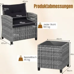 Rattan Gartenmöbel Set 3-Teiliges Balkonmöbel mit 2 Sessel und Tisch mit Sicherheitsglas-Tischplatte