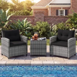 Rattan Gartenmöbel Set 3-Teiliges Balkonmöbel mit 2 Sessel und Tisch mit Sicherheitsglas-Tischplatte