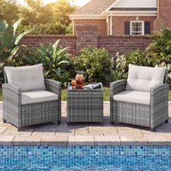 Rattan Gartenmöbel Set 3-Teiliges Balkonmöbel mit 2 Sessel und Tisch mit Sicherheitsglas-Tischplatte