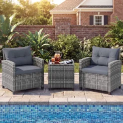 Rattan Gartenmöbel Set 3-Teiliges Balkonmöbel mit 2 Sessel und Tisch mit Sicherheitsglas-Tischplatte