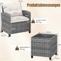 Rattan Gartenmöbel Set 3-Teiliges Balkonmöbel mit 2 Sessel und Tisch mit Sicherheitsglas-Tischplatte