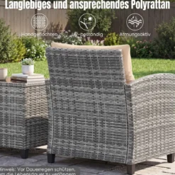Rattan Gartenmöbel Set 3-Teiliges Balkonmöbel mit 2 Sessel und Tisch mit Sicherheitsglas-Tischplatte