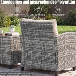 Rattan Gartenmöbel Set 3-Teiliges Balkonmöbel mit 2 Sessel und Tisch mit Sicherheitsglas-Tischplatte