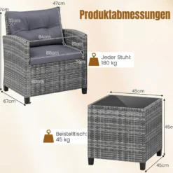Rattan Gartenmöbel Set 3-Teiliges Balkonmöbel mit 2 Sessel und Tisch mit Sicherheitsglas-Tischplatte