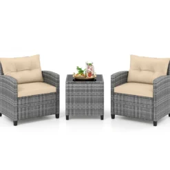 Rattan Gartenmöbel Set 3-Teiliges Balkonmöbel mit 2 Sessel und Tisch mit Sicherheitsglas-Tischplatte