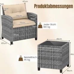 Rattan Gartenmöbel Set 3-Teiliges Balkonmöbel mit 2 Sessel und Tisch mit Sicherheitsglas-Tischplatte