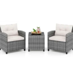 Rattan Gartenmöbel Set 3-Teiliges Balkonmöbel mit 2 Sessel und Tisch mit Sicherheitsglas-Tischplatte