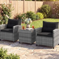 Rattan Gartenmöbel Set 3-Teiliges Balkonmöbel mit 2 Sessel und Tisch mit Sicherheitsglas-Tischplatte