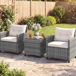 Rattan Gartenmöbel Set 3-Teiliges Balkonmöbel mit 2 Sessel und Tisch mit Sicherheitsglas-Tischplatte