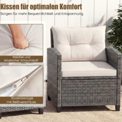 Rattan Gartenmöbel Set 3-Teiliges Balkonmöbel mit 2 Sessel und Tisch mit Sicherheitsglas-Tischplatte