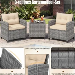 Rattan Gartenmöbel Set 3-Teiliges Balkonmöbel mit 2 Sessel und Tisch mit Sicherheitsglas-Tischplatte