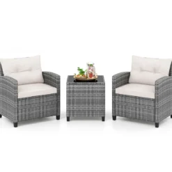 Rattan Gartenmöbel Set 3-Teiliges Balkonmöbel mit 2 Sessel und Tisch mit Sicherheitsglas-Tischplatte