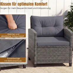 Rattan Gartenmöbel Set 3-teiliges Balkonmöbel mit 2 Sessel und Tisch mit Sicherheitsglas-Tischplatte Grau