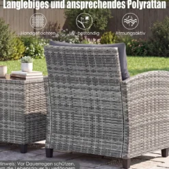Rattan Gartenmöbel Set 3-teiliges Balkonmöbel mit 2 Sessel und Tisch mit Sicherheitsglas-Tischplatte Grau