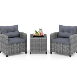 Rattan Gartenmöbel Set 3-teiliges Balkonmöbel mit 2 Sessel und Tisch mit Sicherheitsglas-Tischplatte Grau