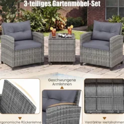 Rattan Gartenmöbel Set 3-teiliges Balkonmöbel mit 2 Sessel und Tisch mit Sicherheitsglas-Tischplatte Grau