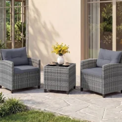 Rattan Gartenmöbel Set 3-teiliges Balkonmöbel mit 2 Sessel und Tisch mit Sicherheitsglas-Tischplatte Grau