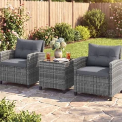 Rattan Gartenmöbel Set 3-teiliges Balkonmöbel mit 2 Sessel und Tisch mit Sicherheitsglas-Tischplatte Grau