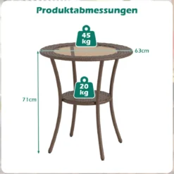 Rattan Gartentisch mit Glasplatte & Ablage Runder Bistrotisch Terrassentisch Balkontisch