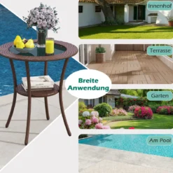 Rattan Gartentisch mit Glasplatte & Ablage Runder Bistrotisch Terrassentisch Balkontisch