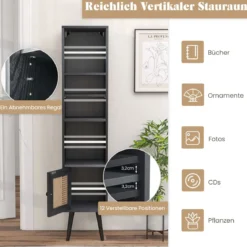 Rattan Hochschrank Bücherregal mit 4 Ablagen & Rattantür Kommode Boho Style Schwarz