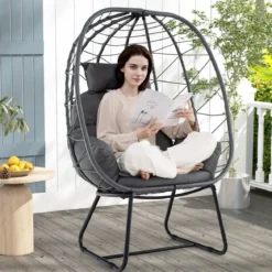 Rattan Korbsessel mit Abnehmbarem Kissen & Metallgestell Übergroßer Loungesessel