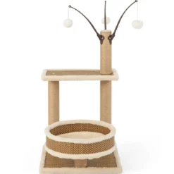 Rattan Kratzbaum mit Plattform & 3 Spielbällen & Kratzpfosten & Bett Katzenbaum Katzenkratzbaum