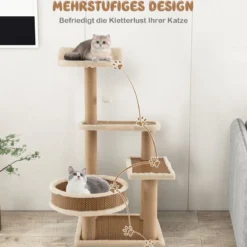 Rattan Kratzbaum mit Plattform & Spielbällen & Kratzpfosten & Bett Katzenbaum Katzenkratzbaum