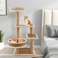 Rattan Kratzbaum mit Plattform & Spielbällen & Kratzpfosten & Bett Katzenbaum Katzenkratzbaum