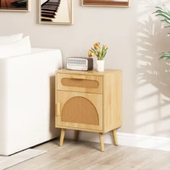 Rattan Nachttisch mit Schublade & Schrank Nachtschrank im Boho-Stil Beistelltisch Sofatisch