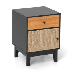 Rattan Nachttisch mit Schublade & Schrank Nachtschrank im Boho-Stil Beistelltisch