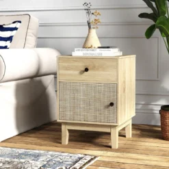Rattan Nachttisch mit Schublade & Schrank Nachtschrank im Boho-Stil Beistelltisch